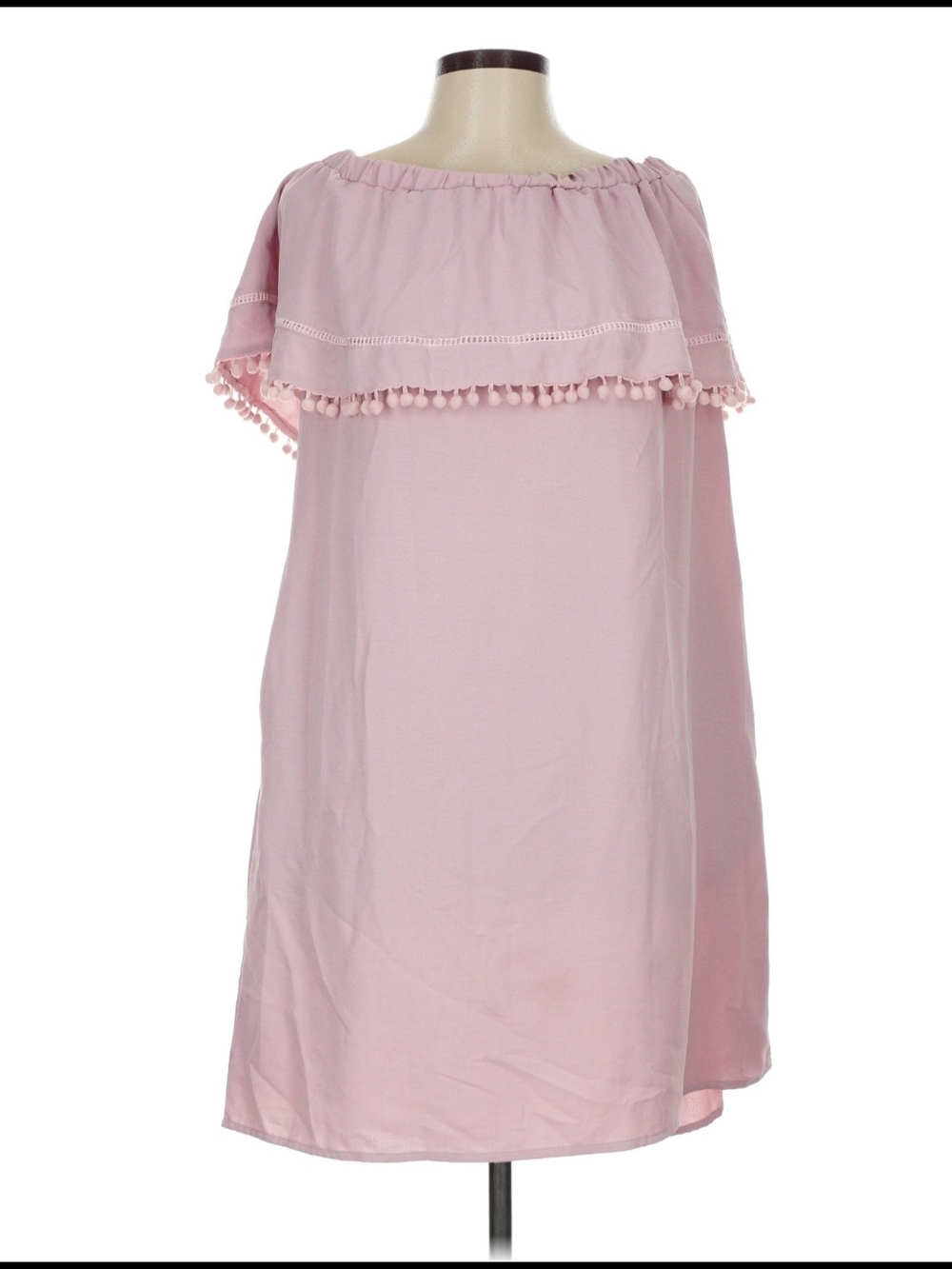 eesome Pink Off-Shoulder Pom Pom Trim Casual Dress
